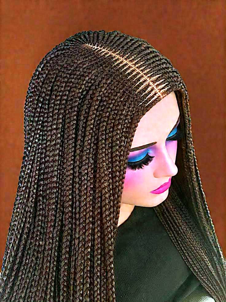 A person with a long tribal braids wig on their head