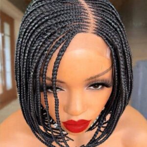 A person with a box braided bob wig